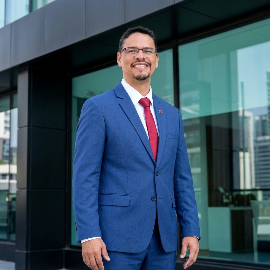 Homem de terno azul diante de um edifício